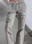 Buttoned Cotton Plain Casual Flap Pocket Low Rise Wide Leg Cargo Pants