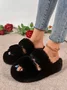 Casual Color Block Double Strap Fluffy Slippers