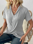 JFN Casual Cotton-blend Loose Striped Solid Color Criss-cross Wrap Ribbed Knit T-Shirt