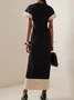 Regular Fit Color Block Urban Crew Neck Knot Front Tie Waist Slit Dress