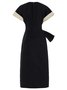 Regular Fit Color Block Urban Crew Neck Knot Front Tie Waist Slit Dress