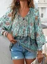 Women's Long Sleeve Blouse Spring/Fall Ethnic V Neck Daily Going Out Boho Top Green