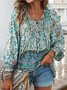 Women's Long Sleeve Blouse Spring/Fall Ethnic V Neck Daily Going Out Boho Top Green