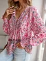 Women's Long Sleeve Blouse Spring/Fall Ethnic V Neck Daily Going Out Boho Top Green