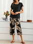 Women's Palm Leaf Daily Going Out Two Piece Set Short Sleeve Casual Summer Top With Pants Matching Set Black