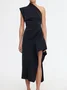 Women's Sleeveless Summer Plain Ruched Dress One Shoulder Date Going Out Urban Midi A-Line Black