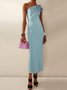 Women's Sleeveless Summer Plain Knot Front Dress One Shoulder Date Going Out Urban Maxi H-Line Blue