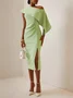 Women's Short Sleeve Summer Plain Ruched Dress Cold Shoulder Date Going Out Urban Midi A-Line Green