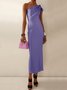 Women's Sleeveless Summer Plain Knot Front Dress One Shoulder Date Going Out Urban Maxi H-Line Blue