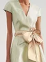 Women's Short Sleeve Summer Color Block Bow Dress V Neck Date Going Out Urban Midi X-Line