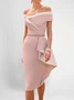 Women's Short Sleeve Summer Plain Ruched Dress Off The Shoulder Cocktail Going Out Urban Midi Bodycon Pink