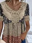 Women's Short Sleeve Blouse Summer Disty Floral Lace V Neck Daily Going Out Casual Top Black