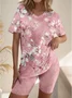 Women's Floral Going Out Two-Piece Short Sets Pink Casual Summer Top With Pants Matching Sets