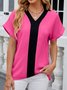 Women's Short Sleeve Blouse Summer Color Block V Neck Daily Going Out Casual Top Black