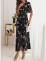 Women's Short Sleeve Summer Floral Dress Chiffon V Neck Elegant Flowy Maxi Dress
