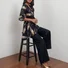 Women's Floral Printed Two Piece Sets Black Summer Bell Sleeves V Neck 2 Piece Sets