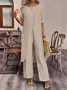 Women's Plain Daily Going Out Two Piece Set Short Sleeve Casual Summer Top With Pants Matching Set Khaki