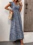 Women's Cap Sleeve Summer Dark Blue Ditsy Floral Wrap V Neck Ruffled Sleeves Daily Casual Maxi Dress