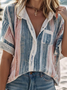 Women's Short Sleeve Shirt Summer Blue Striped V Neck Daily Going Out Casual Top