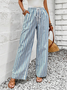 Women's  Elastic Band H-Line Wide Leg Pants Daily Pant Blue Casual Drawstring Striped Pant