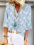 Women's Three Quarter Sleeve Blouse Spring/Fall Floral V Neck Daily Going Out Casual Top Sky Blue