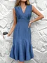 Women's Sleeveless Summer Blue Plain Wrap V Neck Daily Going Out Simple Midi X-Line Mermaid Dress