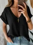 Women's Short Sleeve Blouse Summer Plain Cotton V Neck Daily Going Out Casual Top Black