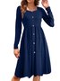 Women's Long Sleeve Summer Deep Blue Plain Square Neck Daily Going Out Casual Knee Length A-Line Dress