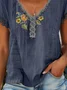 Women's Short Sleeve Cotton Blouse Summer Embroidered V Neck Top