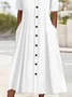 Women's Short Sleeve Summer Plain Buckle Cotton V Neck Daily Going Out Casual Midi A-Line White Dress