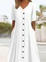 Women's Short Sleeve Summer Plain Buckle Cotton V Neck Daily Going Out Casual Midi A-Line White Dress