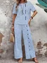 Women's Cotton And Linen Striped Daily Going Out Two Piece Set Short Sleeve Casual Summer Top With Pants Matching Set Blue