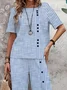 Women's Cotton And Linen Striped Daily Going Out Two Piece Set Short Sleeve Casual Summer Top With Pants Matching Set Blue