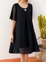 Women's Short Sleeve Summer Plain Chiffon Crew Neck Party Going Out Elegant Midi A-Line Black Dress