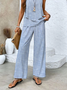 Women's Cotton Striped Daily Going Out Two Piece Set Sleeveless Casual Summer Top With Pants Matching Set Blue