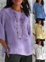 Women's Short Sleeve Blouse Summer Purple Plain Embroidery Cotton Crew Neck Daily Casual Top
