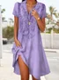 Women's Short Sleeve Summer Plain Embroidery V Neck Daily Going Out Casual Midi A-Line Purple Dress