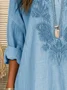 Women's Long Sleeve Blouse Spring/Fall Plain Embroidery Cotton And Linen V Neck Daily Going Out Casual Top Blue