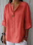 Women's Three Quarter Sleeve Blouse Spring/Fall Plain Buttoned Cotton V Neck Daily Going Out Casual Top