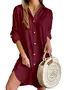 Women's Long Sleeve Spring/Fall Plain Buckle Dress V Neck Daily Going Out Casual Midi H-Line Shirt Dress White