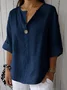 Women's Three Quarter Sleeve Blouse Spring/Fall Plain Buttoned Cotton V Neck Daily Going Out Casual Top