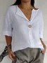 Women's Three Quarter Sleeve Blouse Spring/Fall Plain Buttoned Cotton V Neck Daily Going Out Casual Top