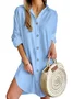 Women's Long Sleeve Spring/Fall Plain Buckle Dress V Neck Daily Going Out Casual Midi H-Line Shirt Dress White