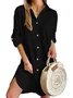 Women's Long Sleeve Spring/Fall Plain Buckle Dress V Neck Daily Going Out Casual Midi H-Line Shirt Dress White