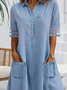 Women's Half Sleeve Summer Plain Pocket Stitching Denim Dress Shirt Collar Daily Going Out Casual Midi H-Line Shirt Dress Blue