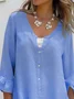 Women's Three Quarter Sleeve Blouse Spring/Fall Plain Buckle Notched Bell Sleeve Daily Going Out Casual Top Light Blue