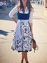 Women's Three Quarter Sleeve Summer Floral Lace Dress V Neck Party Going Out Vintage Midi X-Line Blue