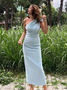 Women's Sleeveless Summer Plain Knot Front Dress One Shoulder Date Going Out Urban Maxi H-Line Blue