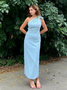 Women's Sleeveless Summer Plain Knot Front Dress One Shoulder Date Going Out Urban Maxi H-Line Blue