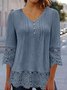 Women's Three Quarter Sleeve Blouse Spring/Fall Plain Lace V Neck Daily Going Out Casual Top White